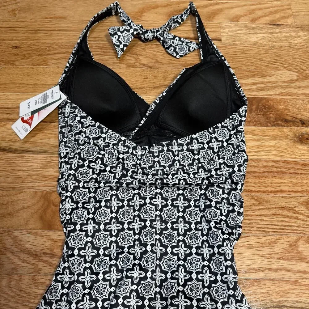 L.L.Bean One Piece Halter Swimsuit Black White Geometric UPF 50+ Size 8 NWT